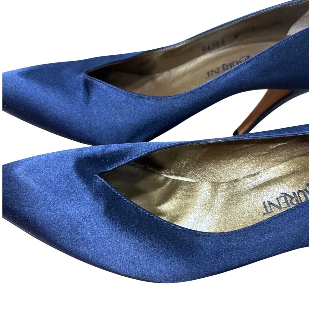 Yves Saint Laurent Vintage Navy Blue Satin Pointed Toe‎ Pumps Stiletto Heels 7N